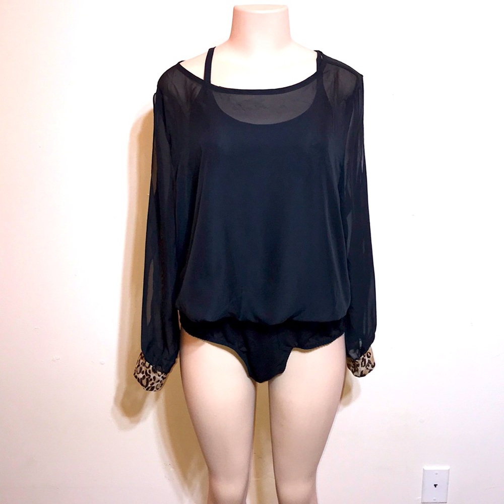 Cacique Black Sheer Bodysuit Chemisette Open Back